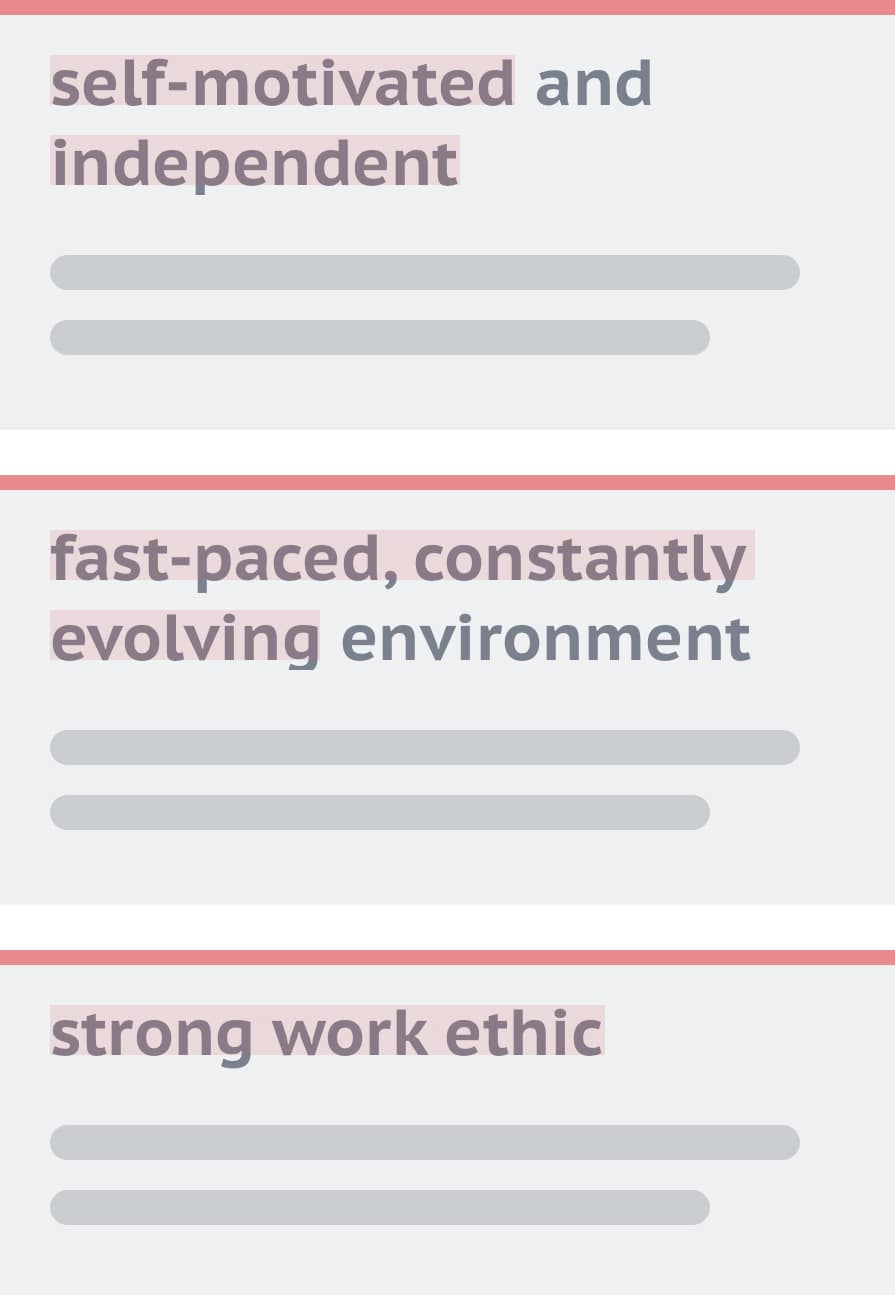 Graphic of troublesome language in our job description, including 'self-motivated,' 'fast-paced,' and 'strong work ethic.'