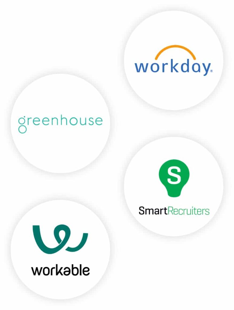 Icons of applicant tracking systems (ATSs): Greenhouse, Workday, SmartRecruiters, and Workable.