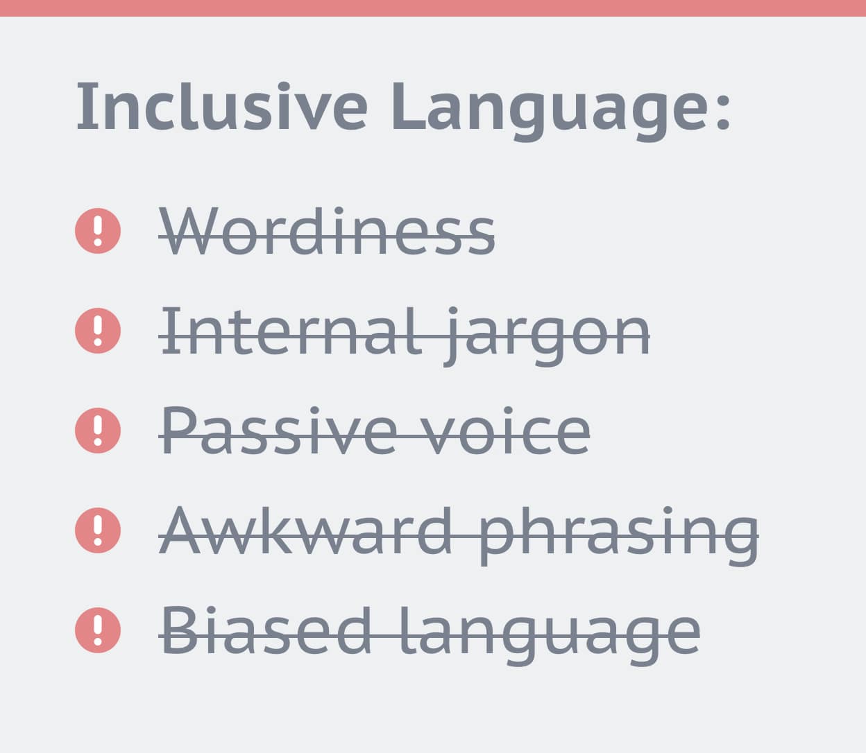 Graphical list of non-inclusive language: wordiness, jargon, passive voice, awkward phrasing, and biased language. 