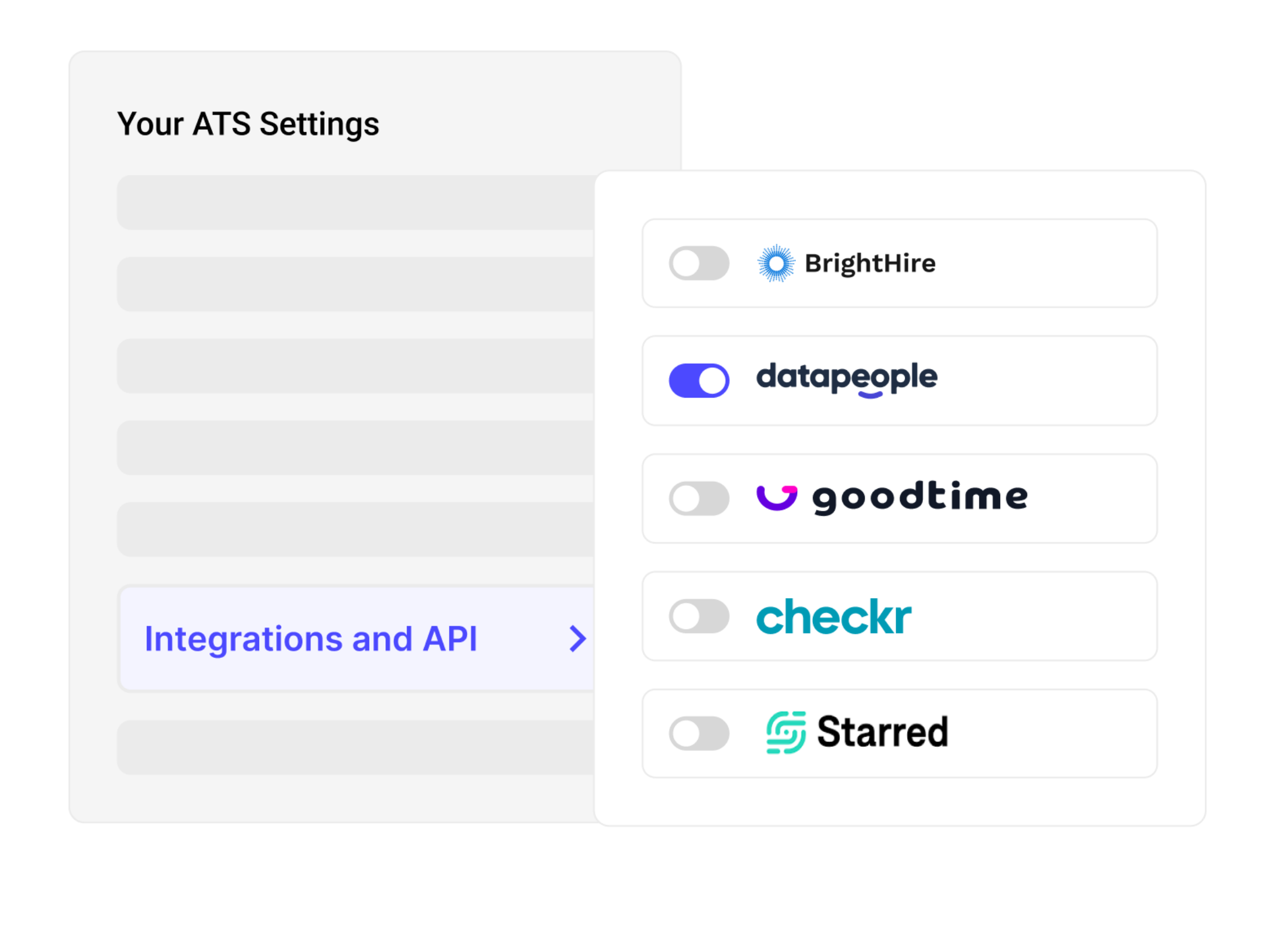 This image showcases the ease of turning on a Datapeople ATS integration