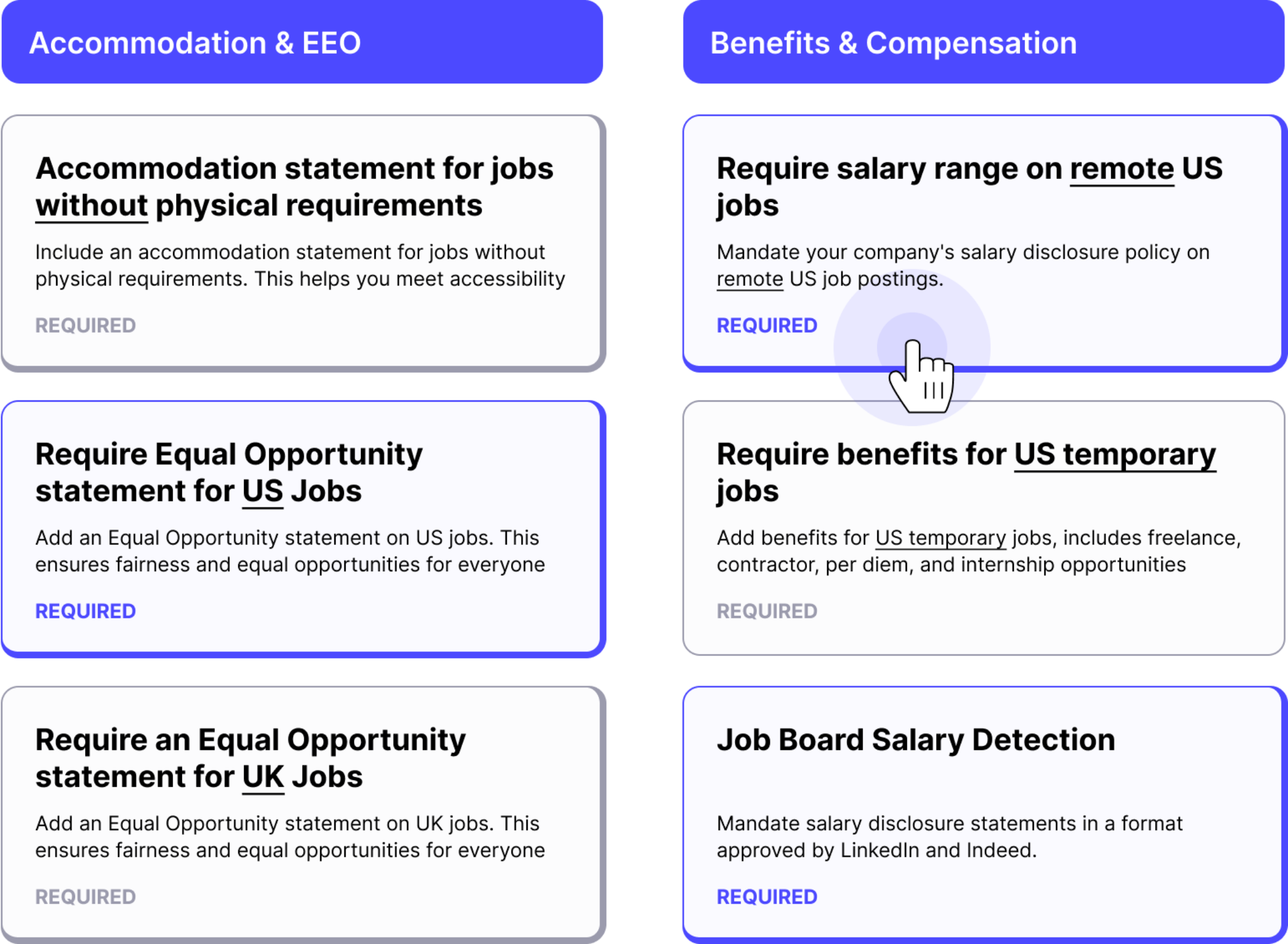 This image shows selections you can make in Datapeople's Policy and Style Guides to instrument your ideal Employer Brand and Compliance Standards