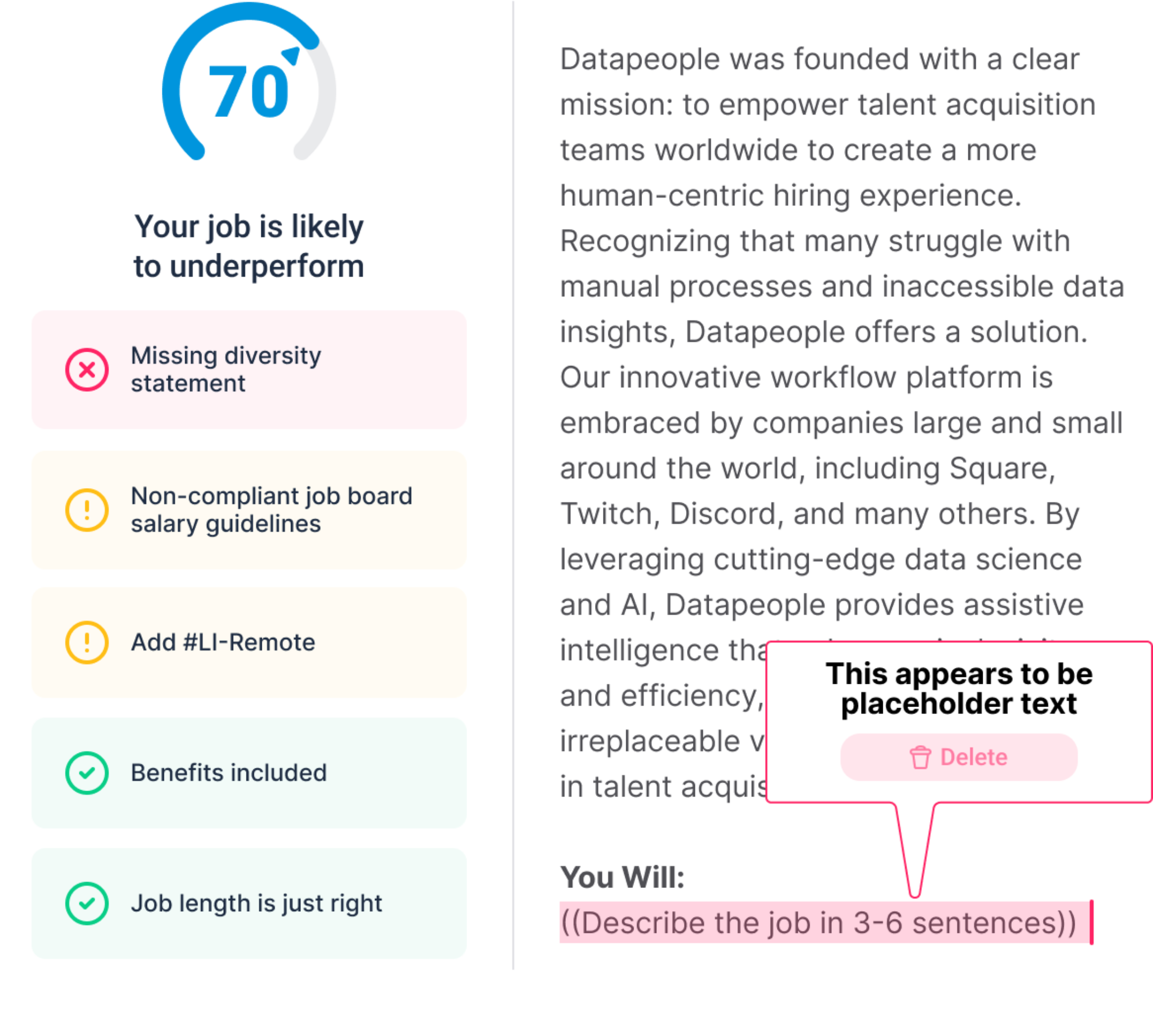 This image showcases the talent-trained AI in Datapeople which elevates the efforts of writers creating superior job ads that appeal to diverse qualified applicants and improve hiring outcomes